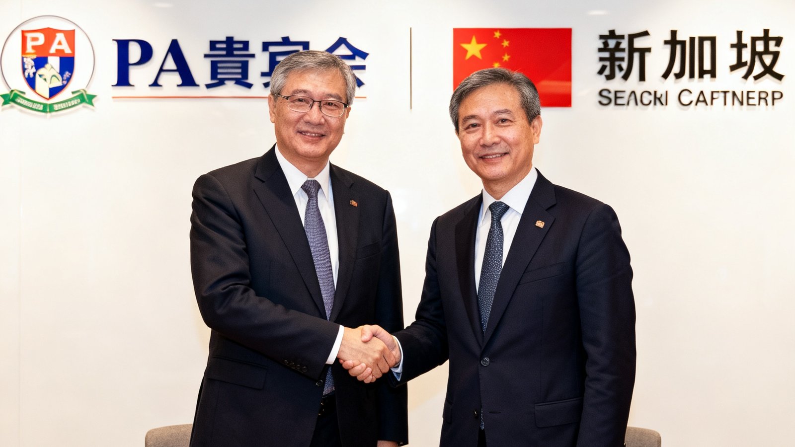 PA贵宾会与新加坡合作伙伴在签约仪式上握手合影，背景是双方公司标志，现场布置简洁庄重。