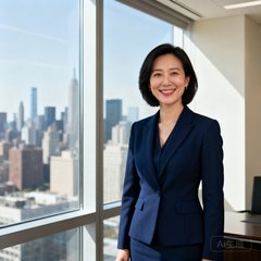 某跨国咨询公司亚太区行政总监陈女士的商务肖像照，她身着深蓝色职业套装，面带微笑，背景为办公室落地窗。